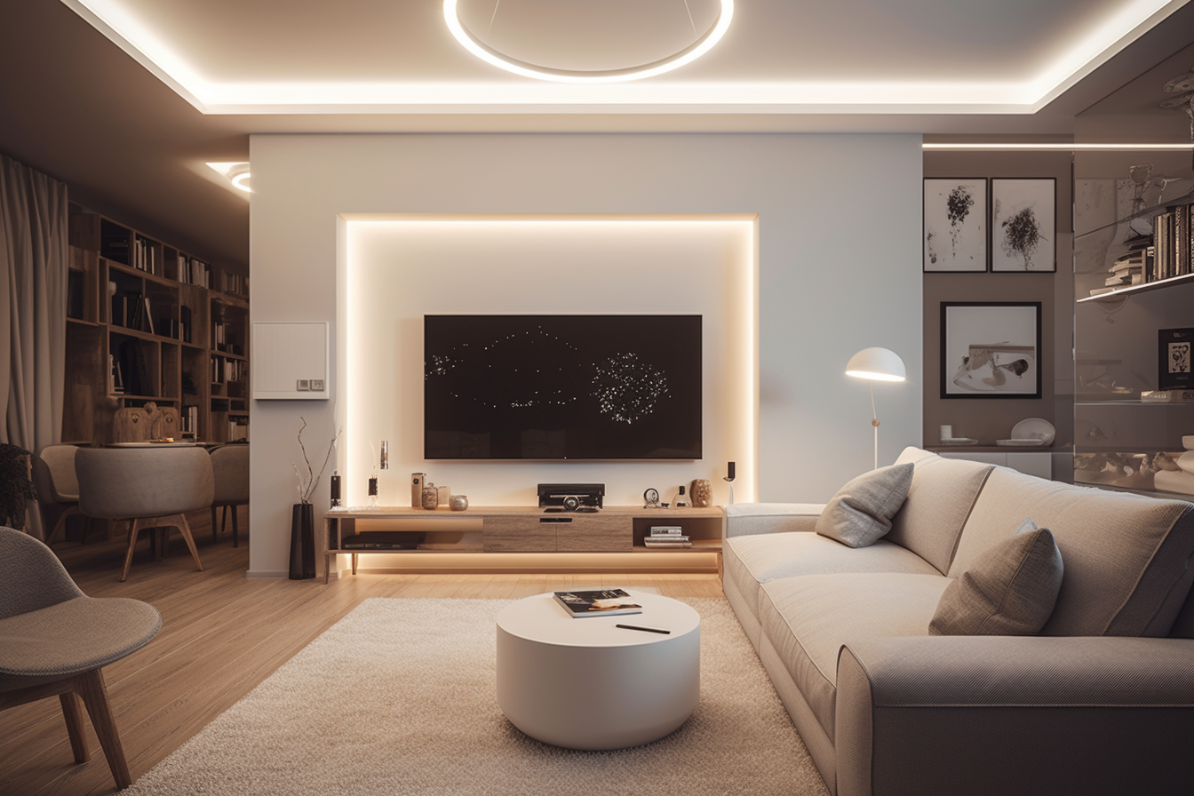 Smart home Living room with indirect light in the ceiling