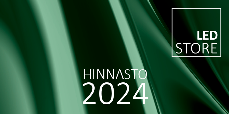 Tummanvihreällä abstraktilla taustalla on valkoisella teksti "HINNASTO 2024". Yläkulmassa loistaa kirkkaana neliön sisällä teksti "LEDSTORE.FI".