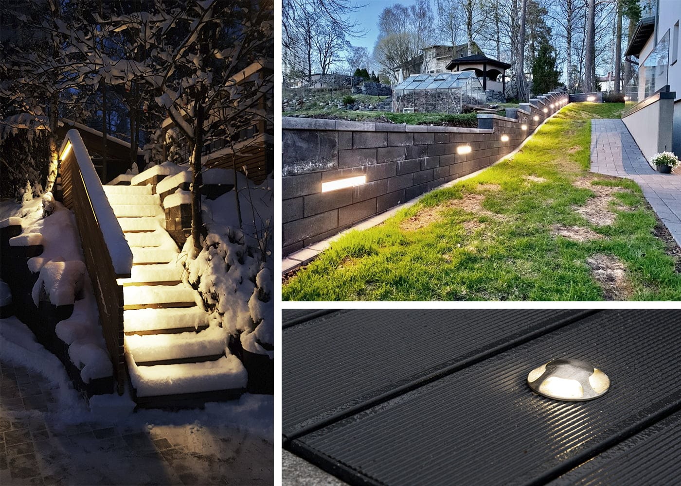 1. Snowy steps illuminated by embedded LED lights at night, enhancing safety and beauty. 2. Garden pathway with wall-mounted LED lights at dusk. 3. Close-up of a sleek deck light for stylish outdoor illumination.