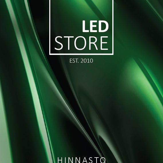 Vihreä abstrakti tausta virtaavilla linjoilla ja hienovaraisella LED-teemalla. Tekstissä lukee: "LEDSTORE.FI, PERUSTETTU 2010, HINNASTO 2023.